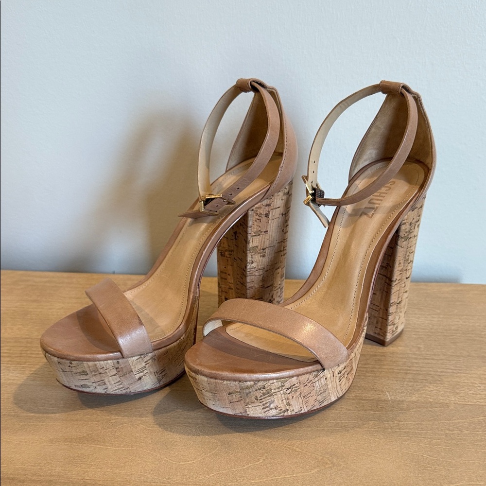 SCHUTZ Tan Leather Cork Platform Block Heel Sandals